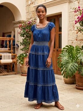 Tiered Indigo Maxi Dress with Smocked Waist